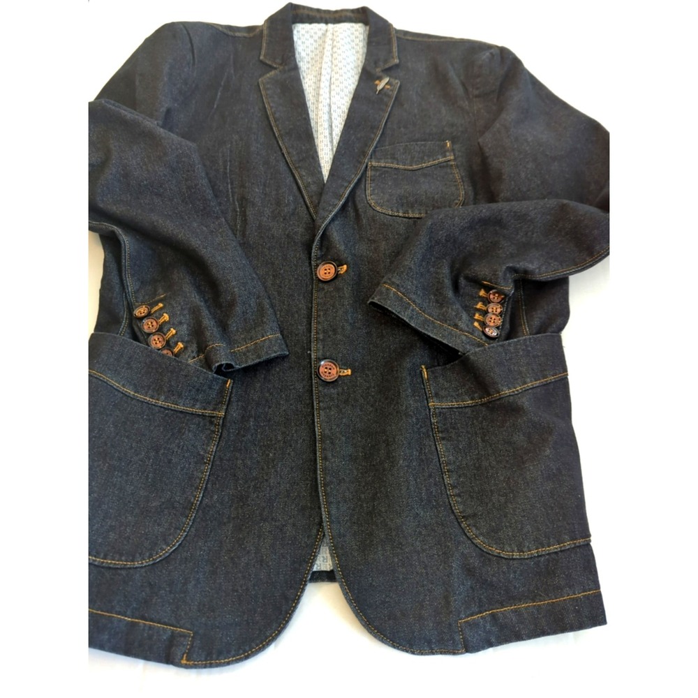 Men's Denim Blazer Sport Coat Large Dark Blue Detailed Buttons Classic On Trend